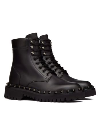 Valentino Women's Rockstud Calfskin Combat Boot With Matching Studs 50MM Black